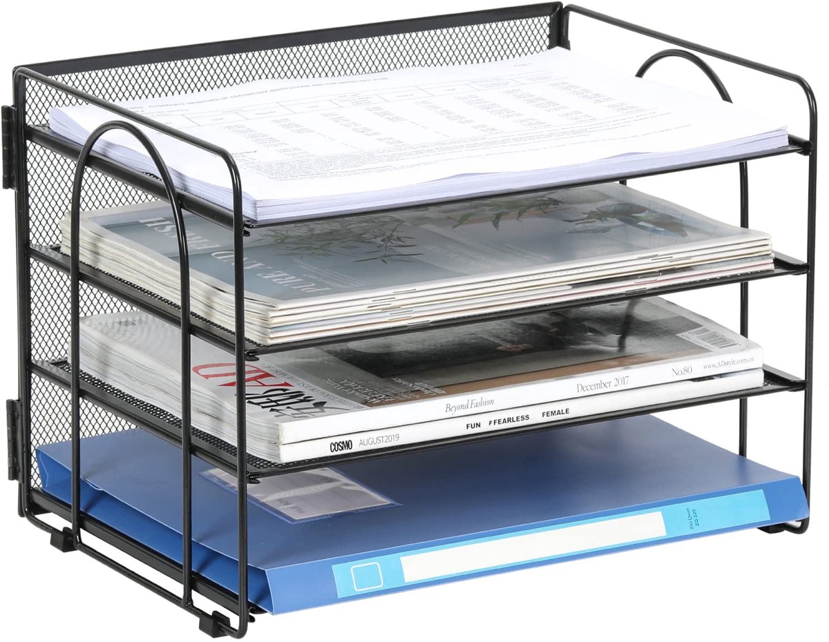 Ibenzoa Stijlvolle Bureau-Organizer met Vier Vakken voor Documenten en Tijdschriften in Metaal, Zwart