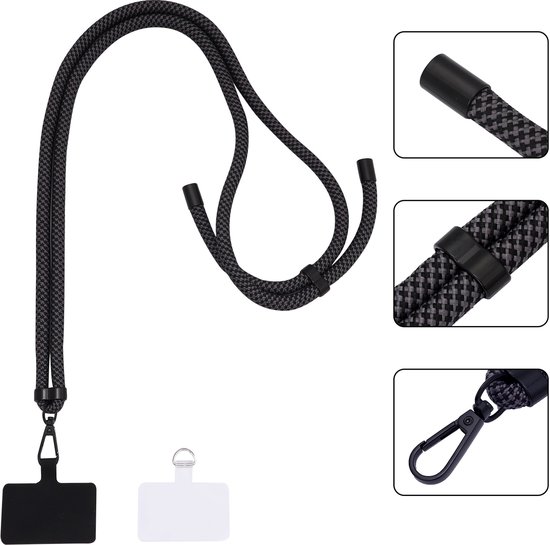 Casemania zwart telefoonkoord met accessoires: een plakker en een ringetje.