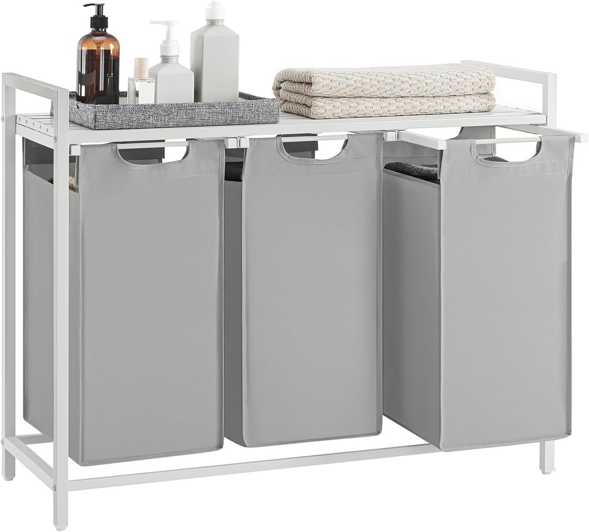 VASAGLE Wasmand 3 vakken, wasmand met plank, wasbox, waszak van uittrekbaar verwijderbare Oxford-stof, metalen frame, 3 x 38 L, 92,5 x 33 x 72 cm, duifgrijs
