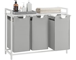 VASAGLE Wasmand 3 vakken, wasmand met plank, wasbox, waszak van uittrekbaar verwijderbare Oxford-stof, metalen frame, 3 x 38 L, 92,5 x 33 x 72 cm, duifgrijs