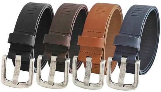 Set de 4 Ceintures perforées en cuir Landley - Femme et Homme - Largeur 4 cm - Cuir véritable - Zwart / Marron / Cognac / Blauw - Longueur totale 115 cm / Taille de ceinture 95