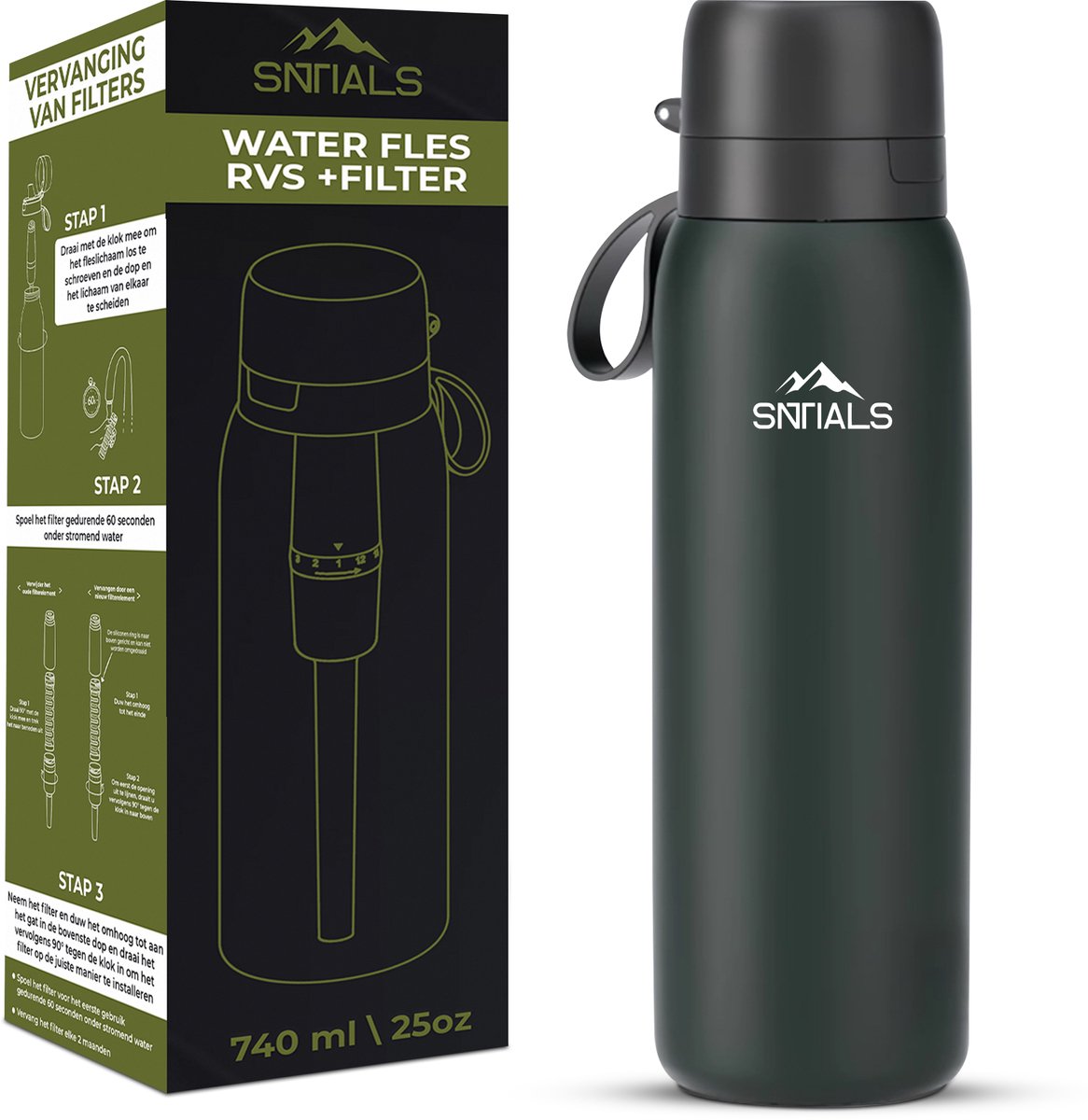 SNTIALS® - RVS Waterfles met Waterfilter – 740 ml Survival, Outdoor Drinkfles – Roestvrij Staal – Voor Hiking, Reizen & Noodsituaties - Herbruikbaar & BPA-vrij - 0.2 Micron - Noodpakket - Ramp - Voorbereid