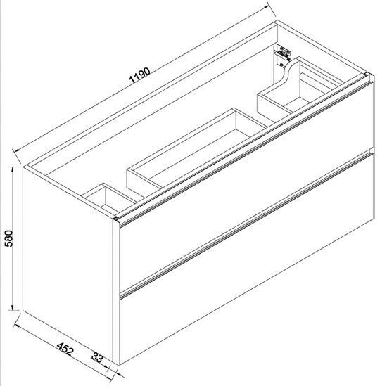 Technische tekening van wastafelonderkast 120x58x45.2 cm, met twee lades en interne indeling.
