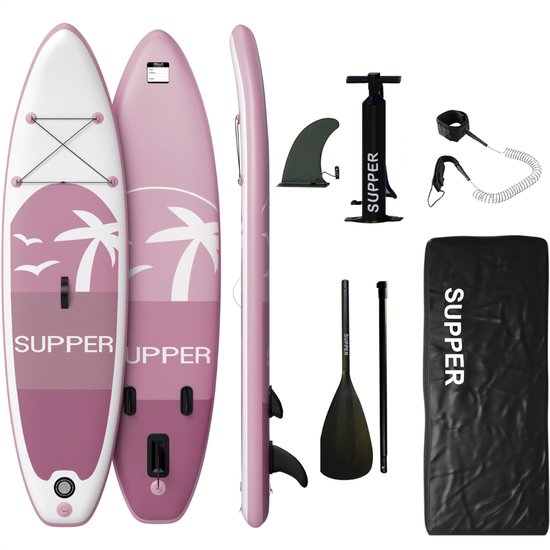 Supper Sup Board - Max. 120KG - Opblaasbaar – Paddle Board – Pomp – Vin – Leash – Draagtas – 285 x 76 cm - Roze