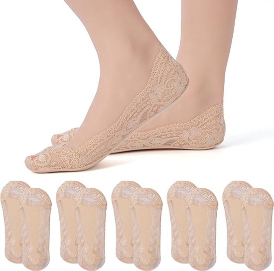 Set van vijf paar beige kanten no-show sokken. De sokken zijn onzichtbaar in schoenen.
