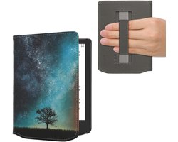 Étui pour liseuse kwmobile compatible avec Pocketbook Verse / Verse Pro / Verse Color / Vivlio Light / Light HD - Étui à rabat avec fermeture magnétique - Housse pour liseuse - Motif galaxie et arbre bleu / gris / noir