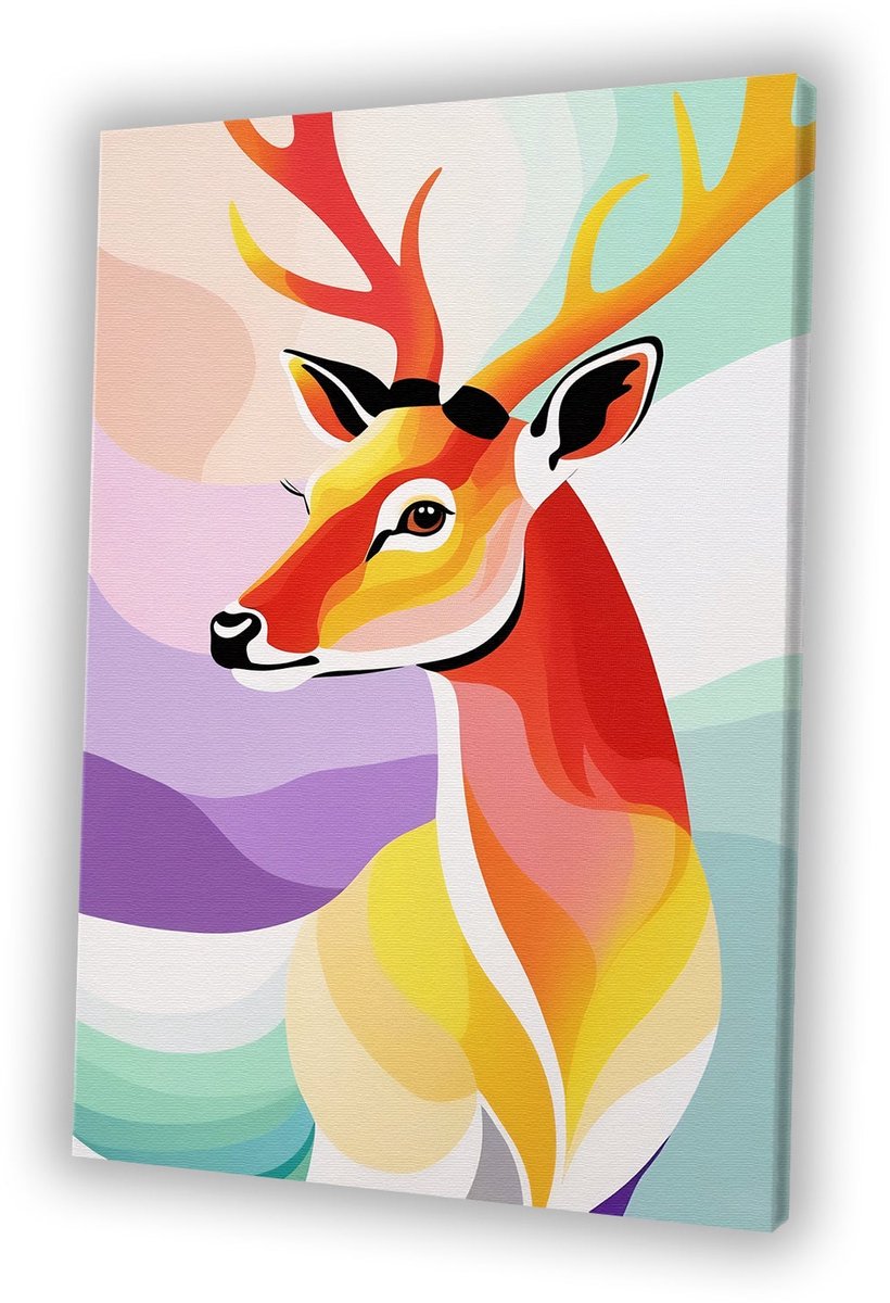 Abstract kleurrijk hert met geweien - Hert muurdecoratie - Wandkunst dieren - Pop Art - Landelijk schilderij - Muurdecoratie slaapkamer - canvas 30x45 cm