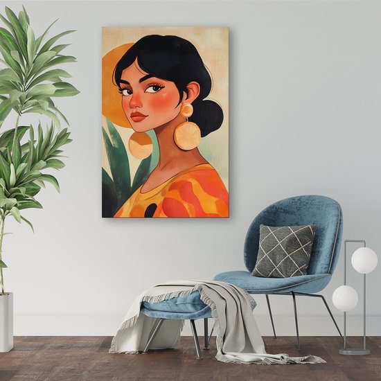 Femme aux boucles d'oreilles stylées - Décoration murale portrait - Peintures sur toile femme - Pop Art - Décoration d'intérieur - Accessoires de chambre - toile 100x150 cm