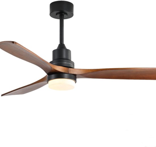 52 inch plafondventilator met LED verlichting, 3 houten bladen, stille DC-motor, afstandsbediening, zwart/walnoot