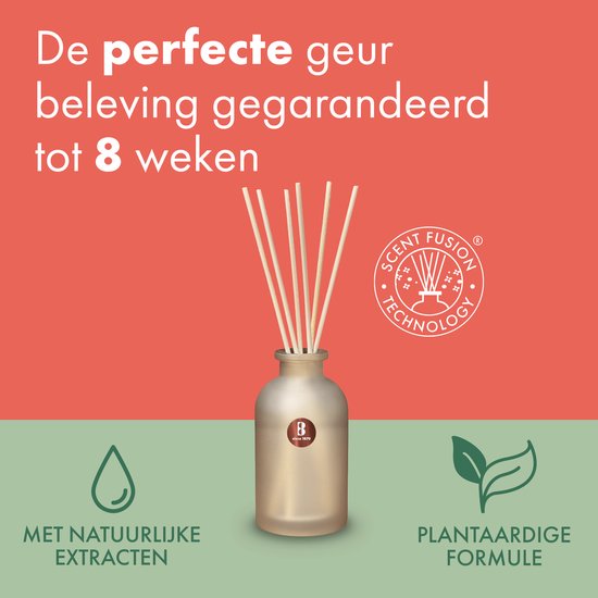 Een matte glazen fles met rieten stokjes, met tekst die verwijst naar een gegarandeerde geur tot 8 weken, natuurlijke extracten en een plantaardige formule.