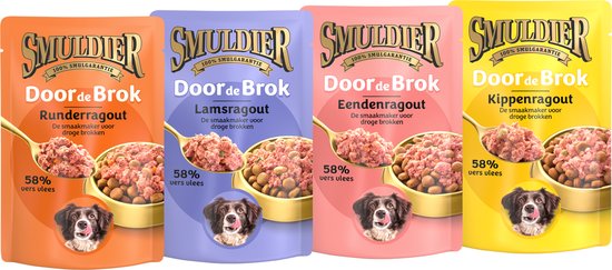 Vier zakjes hondenvoer: Runderagout, Lamsragout, Eendenragout en Kippenragout met 58% vers vlees.