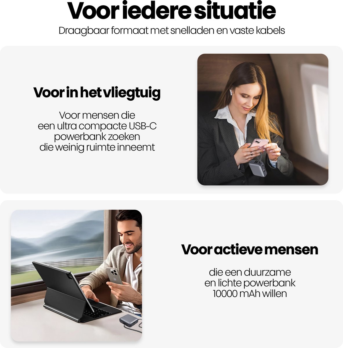 2x Mini Powerbank 10000 mAh Snellader met Ingebouwde Kabels - afbeelding 3