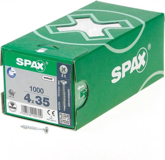 Spax Spaanplaatschroef platverzonken kop verzinkt pozidriv deeldraad 4.0x35mm (per 1000 stuks)