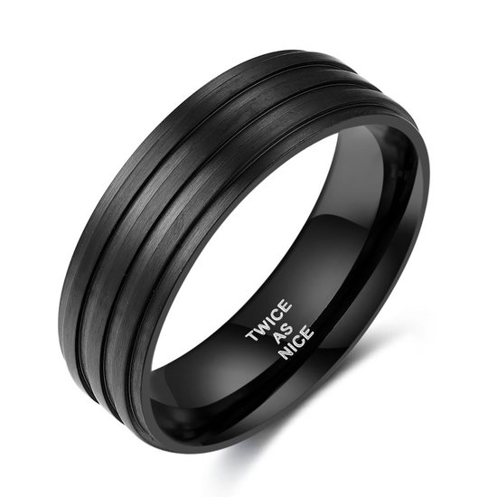 Ring Twice As Nice en acier inoxydable, noire avec lignes 58