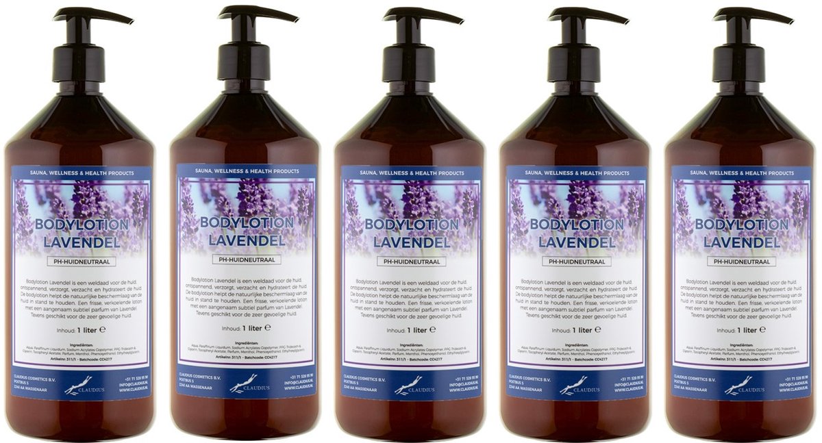 Bodylotion Lavendel 1 Liter - met gratis pomp - set van 5 stuks - Voordeelverpakking