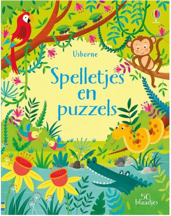 Boek met de titel 'Spelletjes en puzzels' van Usborne, met een illustratie van een jungle met een papegaai, aap, krokodil, slang en vogels.