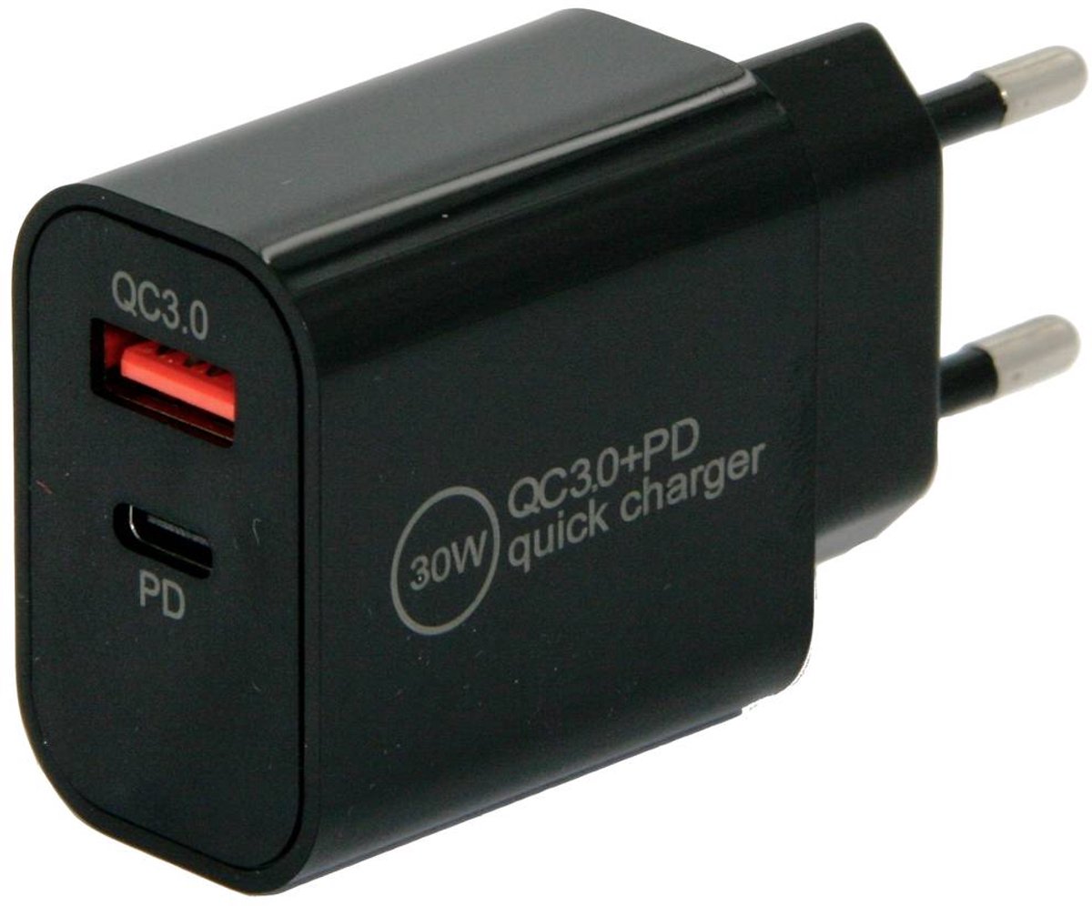 IWH USB-oplader 30 W 1x USB-A, 1x USB-C USB PD, QC 3.0 Zwart Binnen