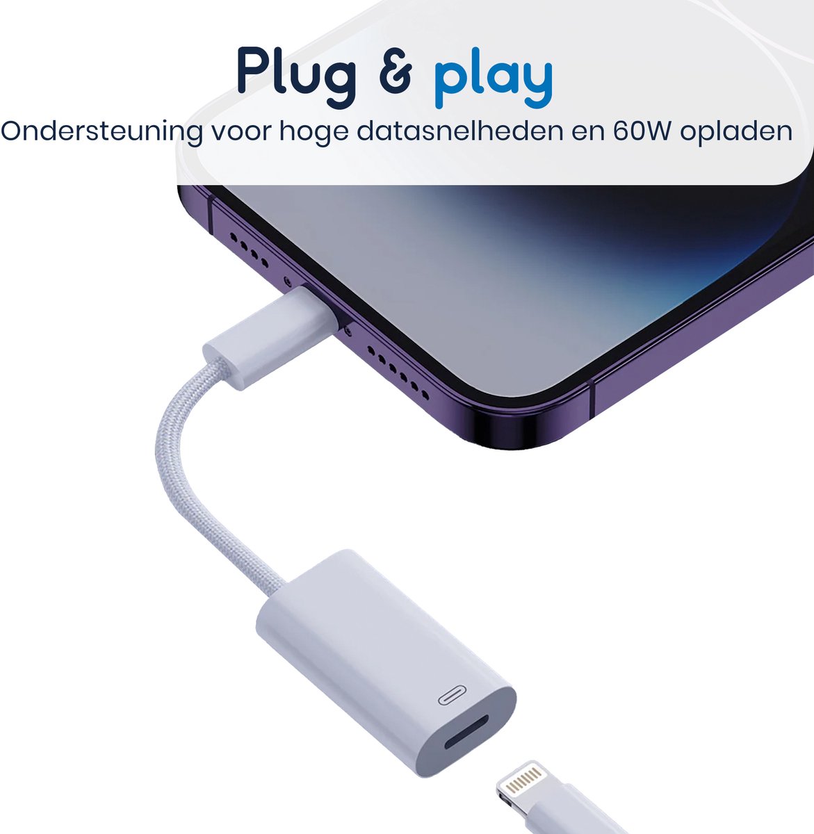 USB-C naar Lightning adapter wit – opladen en data iPhone 15/16, iPad, MacBook, 60W, gevlochten kabel - Afbeelding 3