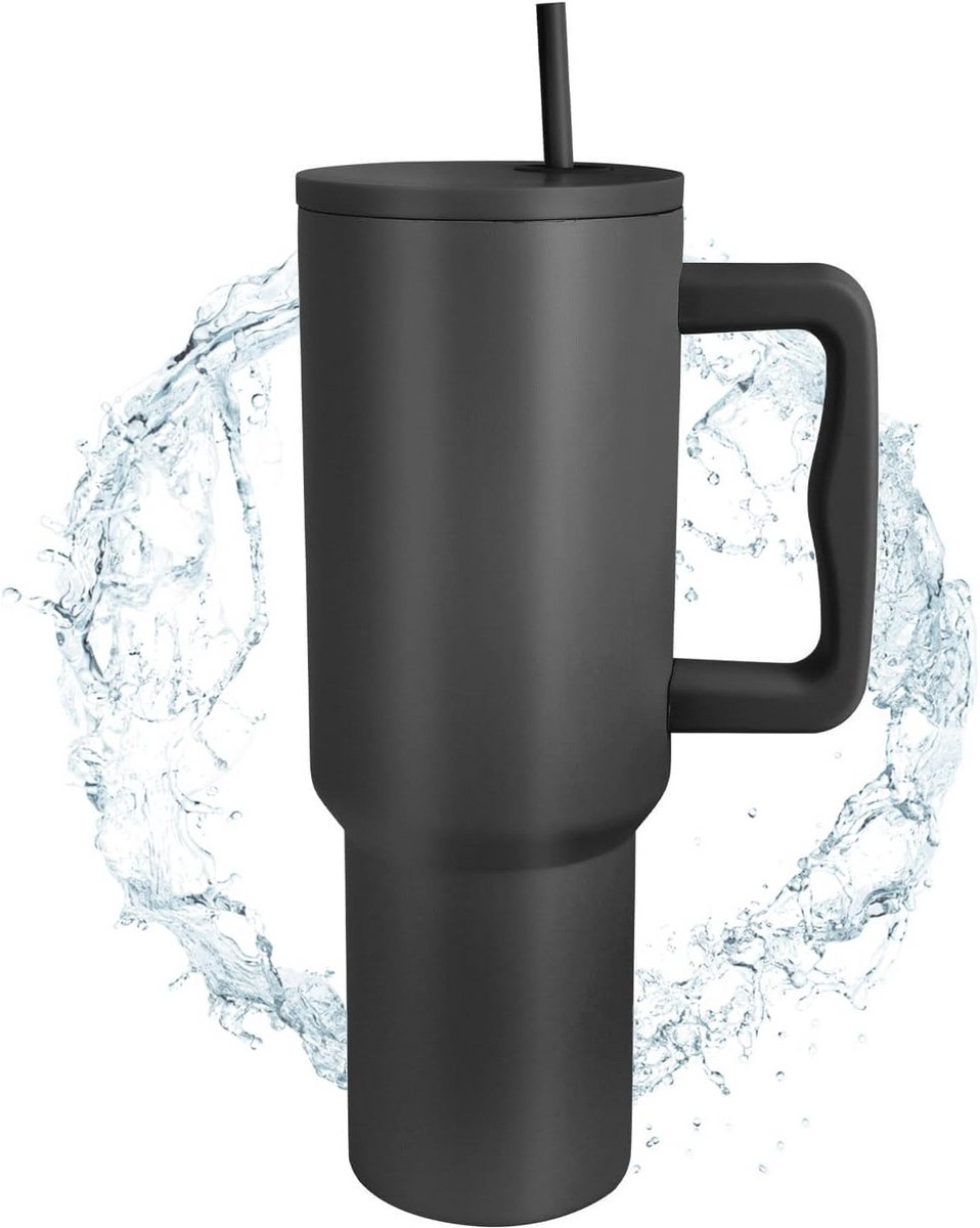 Vacuüm Geïsoleerde Reismok 40 oz met Handvat en Rietje - Lekvrije Thermosbeker voor Water, Ijsthee of Koffie - Zwart