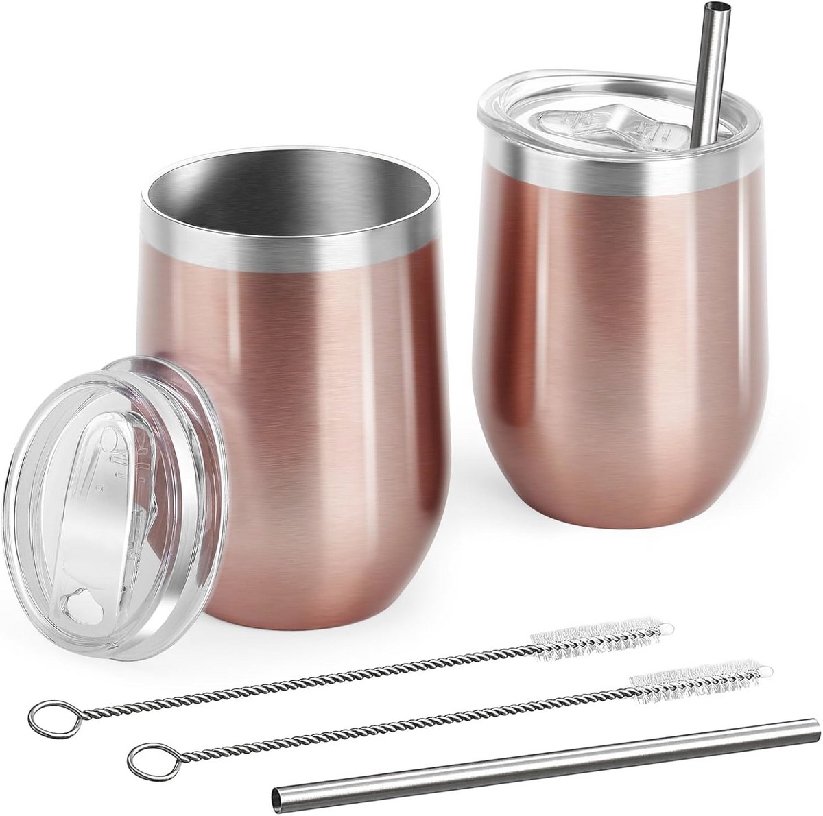 Roestvrijstalen wijnbekers met deksel - Dubbelwandige geïsoleerde reisbekers voor koude en warme dranken (35 ml, set van 2)