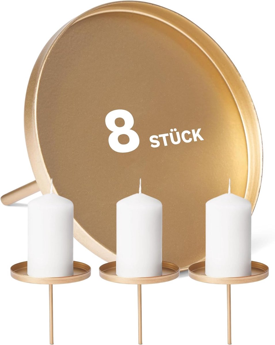 8x Kaarsenprikker Plat Goud 10cm Diameter I Kaarsenplaat met Spike Metaal I Advent Kaarsenhouder Kerstdecoratie Kaarsenpin I Kaarsenplug voor Adventkrans