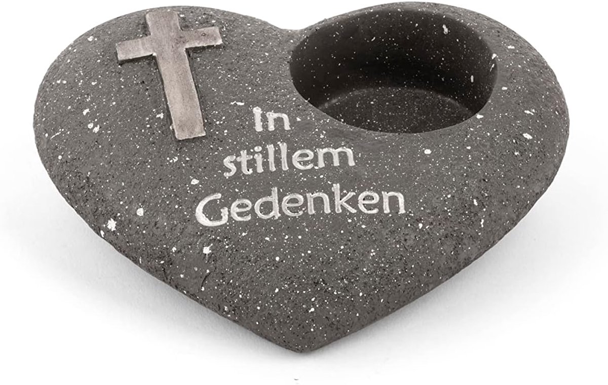 Grafdecoratie hart antraciet met kruis spreuk In stille herinnering grafdecoratie grafhart weerbestendig grafdecoratie gedenksteen theelichthouder rouwsteen