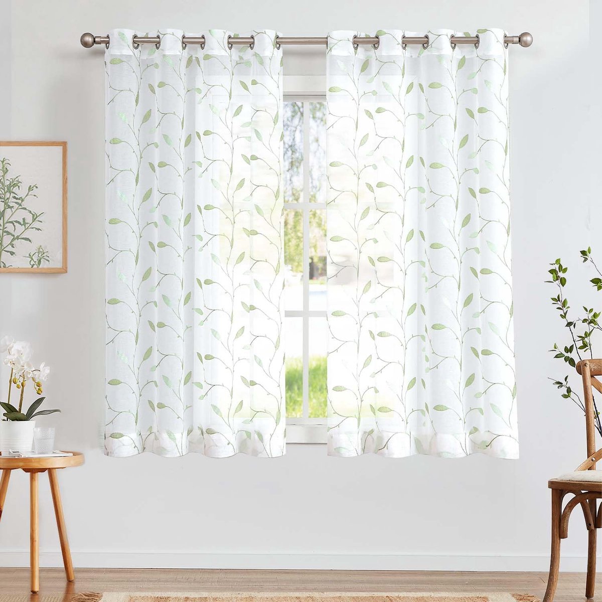 Unyqoos Elegant Transparant Gordijnenset Met Bladerenborduurwerk Voor Woon- En Slaapkamer 140 x 145 cm wit