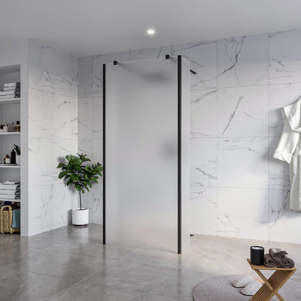 FugaFlow Eccelente Vetro Vrijstaande inloopdouche badkamer - 90x200cm - Glas mat - antikalk - 8mm veiligheidsglas - 2 zijwanden 30cm - met wandarmen en hoekprofielen - Zwart mat -