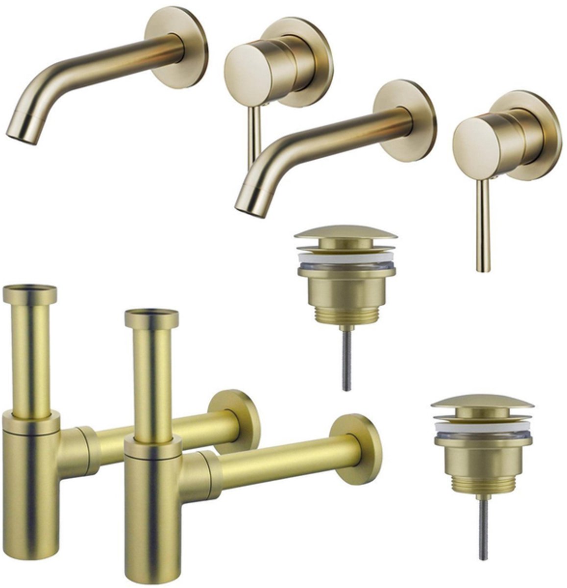 FugaFlow Eccelente Sobrado Badkamer Wastafelkraanset - voor dubbele wastafel - inbouw wastafelkraan - klikwaste plug - design sifon - PVD Geborsteld Messing