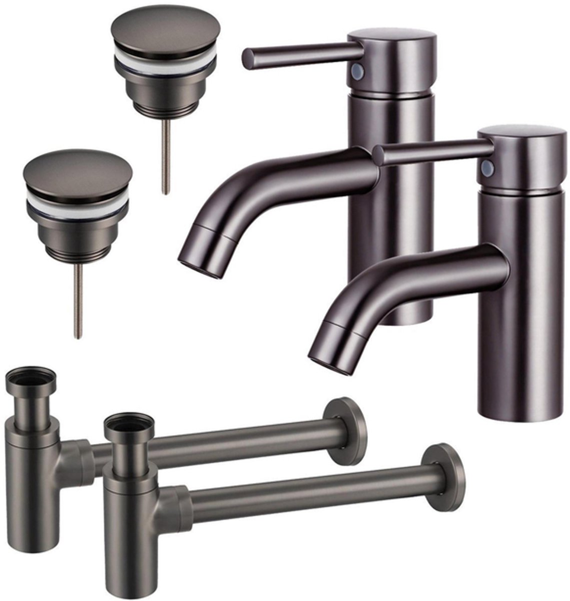 FugaFlow Eccelente Sobrado Badkamer Wastafelkraanset - voor dubbele wastafel - lage wastafelkraan - klikwaste plug - design sifon - PVD Gepolijst Gunmetal