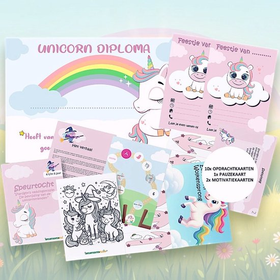 Complete kinderfeest set met unicorn-thema: diploma, uitnodigingen, opdracht- en kaartspellen.