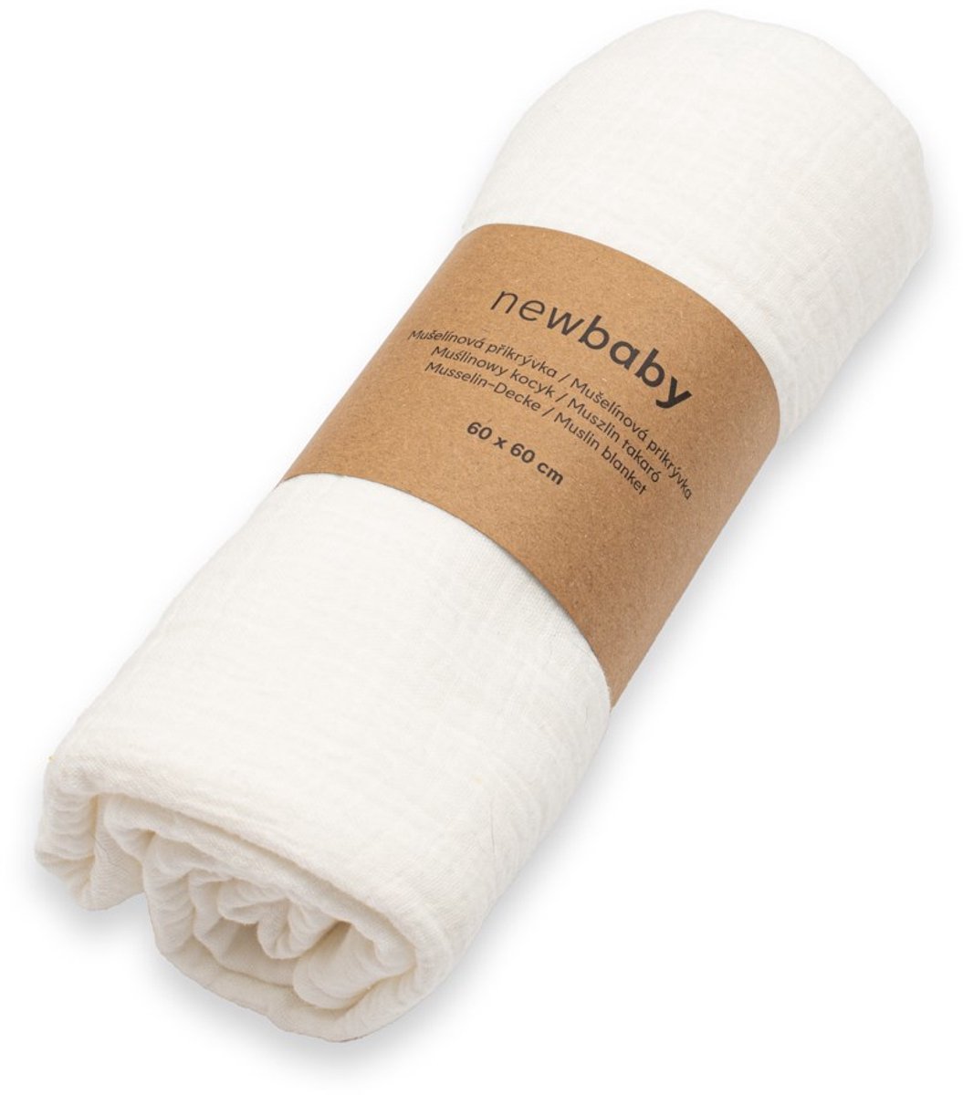NEW BABY - Deken - Mousseline deken wit 60x60 cm van katoen - babydeken - kraamcadeau - lichtgewicht - zachte stof - biologisch katoen - ademend - hypoallergeen - comfortabel - duurzaam - wasbaar