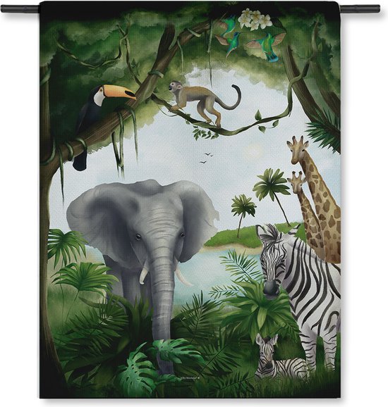 Villa Madelief Wandkleed dieren jungle - Muurdecoratie KidsWandkleden - 100% katoen - 120x160cm - Wandkleed - Wandtapijt - Wanddecoratie voor thuis - Makkelijk op te hangen - Poster met houten hangers