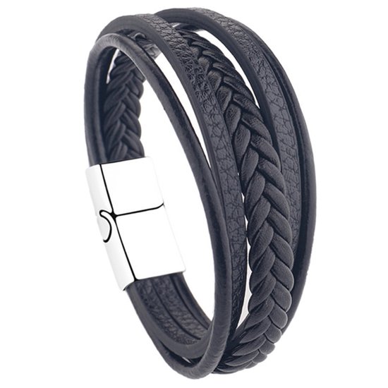 Fako Bijoux® - Armband Heren - Zwart 5 Snoeren Combo - Mannen - 21cm - Leer - Magnetische Sluiting - Zwart/Zilver