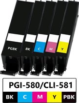 Geschikt voor Canon PGI-580 / CLI-581 XL inktcartridges - Multipack 5 Inktpatronen - Geschikt voor Canon Pixma TR7550 - TR8550 - TS6150 - TS6250 - TS6300 - TS6350 - TS6351 - TS705 - TS8150 - TS8250 - TS8251 - TS8350 - TS9150 - TS9550