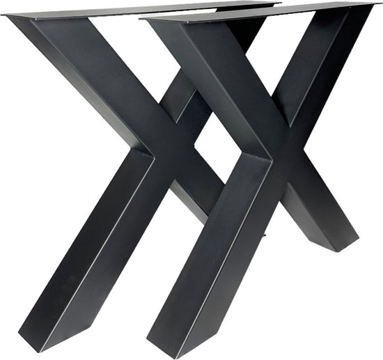 Maison DAM – 2x industriële tafelpoot X met koker 8x8, lengte: 72cm, hoogte 72cm, mat zwart fijn structuur, hoogwaardige kwaliteit - Inclusief steldop - Topplaat; 4mm dik