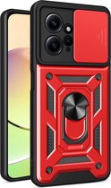 Xiaomi Redmi Note 12 4G Hoesje - MobyDefend Pantsercase Met Draaibare Ring - Rood - GSM Hoesje - Telefoonhoesje Geschikt Voor Xiaomi Redmi Note 12 4G