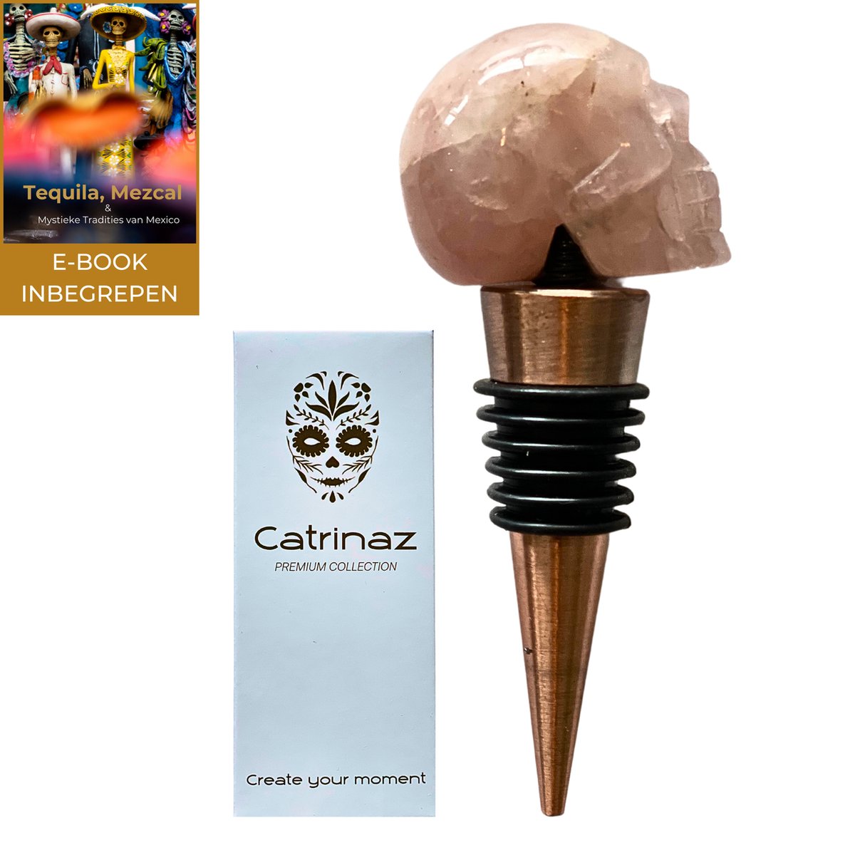 Catrinaz® - Wijnstopper - Premium flessenstop met skull in rozenkwarts natuursteen - Luxe gift box - Uniek geschenk - Inclusief E-BOOK Tequila, Mezcal - Catrinaz