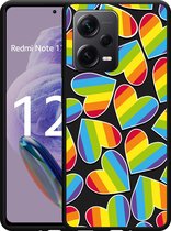 Cazy Hoesje Zwart geschikt voor Xiaomi Redmi Note 12 Pro+ 5G Regenboog Hartjes