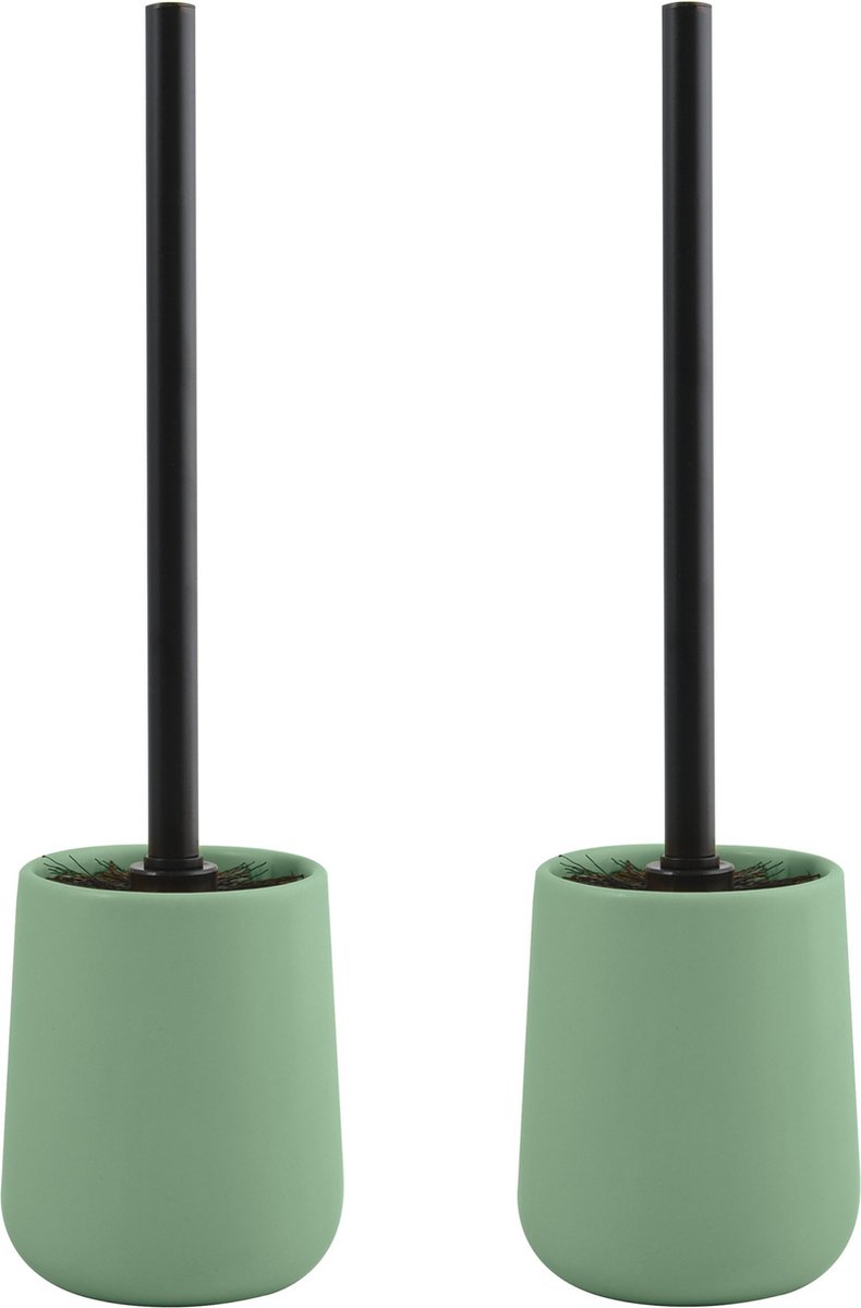 MSV Toiletborstel in houder/wc - 2x - borstel Malmo - keramiek en rvs - groen/zwart - 39 x 10 cm