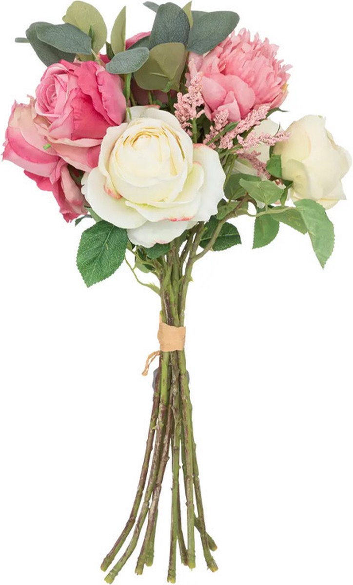 Atmosphera Kunstbloemen boeket - H50 cm - roze/groen/wit - rozen - bloemstuk