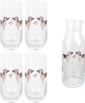 HAES DECO - Waterglas, Drinkglas set van 4 glazen + Karaf - inhoud glas 380 ml - formaat glas Ø 7x14 cm - Collectie: Dachshund Love - Waterglazen, Drinkglazen