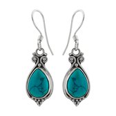 Zilveren oorbellen met hanger dames | Zilveren oorhangers, turquoise steen met bolletjes en sierlijke krullen