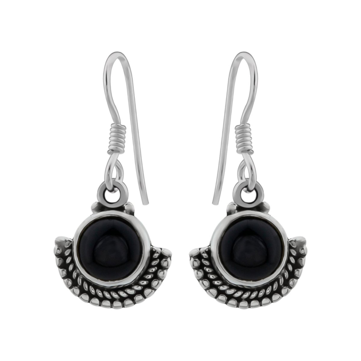 Zilveren oorbellen met hanger dames | Zilveren oorhangers, ronde onyx steen met bewerkte onderrand