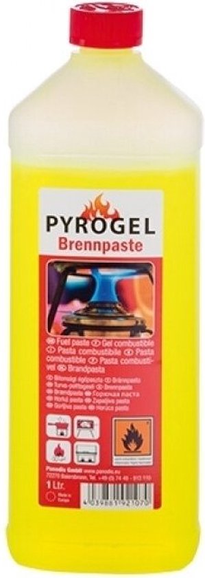 Gele fles met rode dop en gele vloeistof. Label met "PYROGEL Brennpaste" en afbeelding van brander.