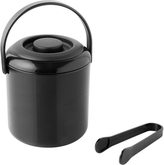 Seau à glace noir de 0,5 litre avec couvercle, poignée et pince assortie.