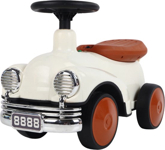 Buxibo Retro Loopauto | Loopwagen voor Jongens & Meisjes | 1-3 jaar | Duurzaam | Veilig | Stimuleert Motorische Vaardigheden | Bruin/Wit - 58x29x38cm