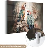 MuchoWow® Glasschilderij 90x60 cm - Schilderij acrylglas - Papegaaien - Vogels - Natuur - Bloemen - Foto op glas - Schilderijen