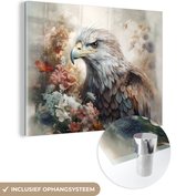 MuchoWow® Glasschilderij 80x60 cm - Schilderij acrylglas - Arend - Adelaar - Vogel - Bloemen - Natuur - Foto op glas - Schilderijen