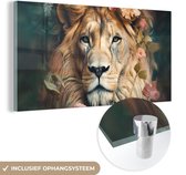 Glasschilderij - Leeuw - Bloemen - Roze - Natuur - Wilde dieren - Glasplaat - Foto op glas - Glasschilderijen woonkamer - Schilderij op glas - 120x60 cm - Muurdecoratie - Wanddecoratie - Slaapkamer - Kamer decoratie